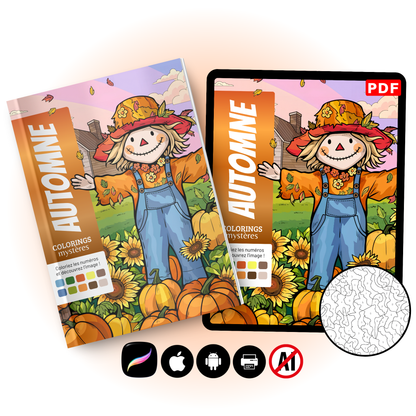Coloriage Mystère Automne PDF – Color by Number, Épouvantail, Citrouilles et Tournesols | Téléchargement Numérique