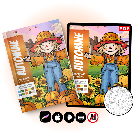 Coloriage Mystère Automne PDF – Color by Number, Épouvantail, Citrouilles et Tournesols | Téléchargement Numérique