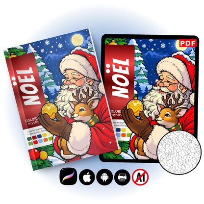 Christmas Mystery Coloring Book PDF | Santa Claus and Reindeer Color by Number | Printable Xmas Coloring Pages | Digital Download