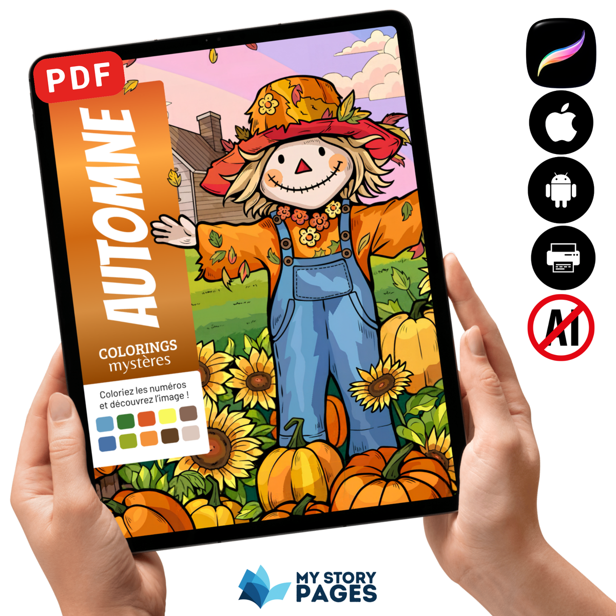 Coloriage Mystère Automne PDF – Color by Number, Épouvantail, Citrouilles et Tournesols | Téléchargement Numérique
