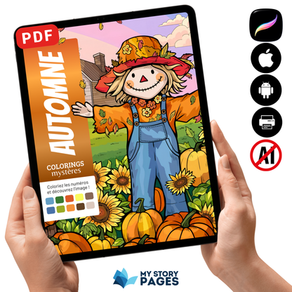 Coloriage Mystère Automne PDF – Color by Number, Épouvantail, Citrouilles et Tournesols | Téléchargement Numérique