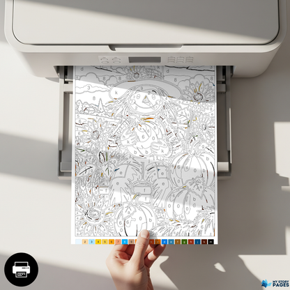 Coloriage Mystère Automne PDF – Color by Number, Épouvantail, Citrouilles et Tournesols | Téléchargement Numérique