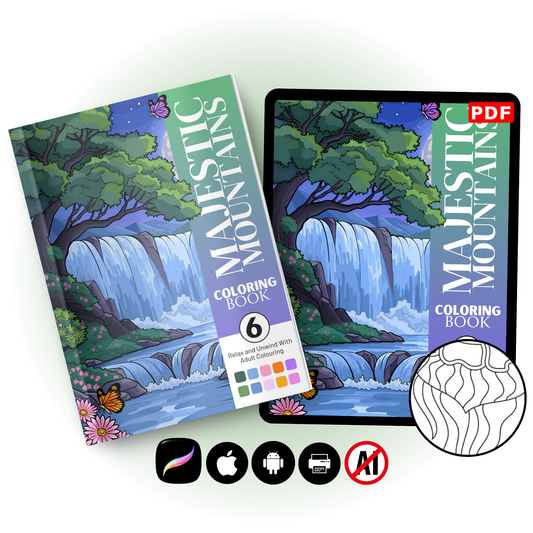 Majestic Mountains Adult Coloring Book PDF – Waterfall & Nature Coloring Pages