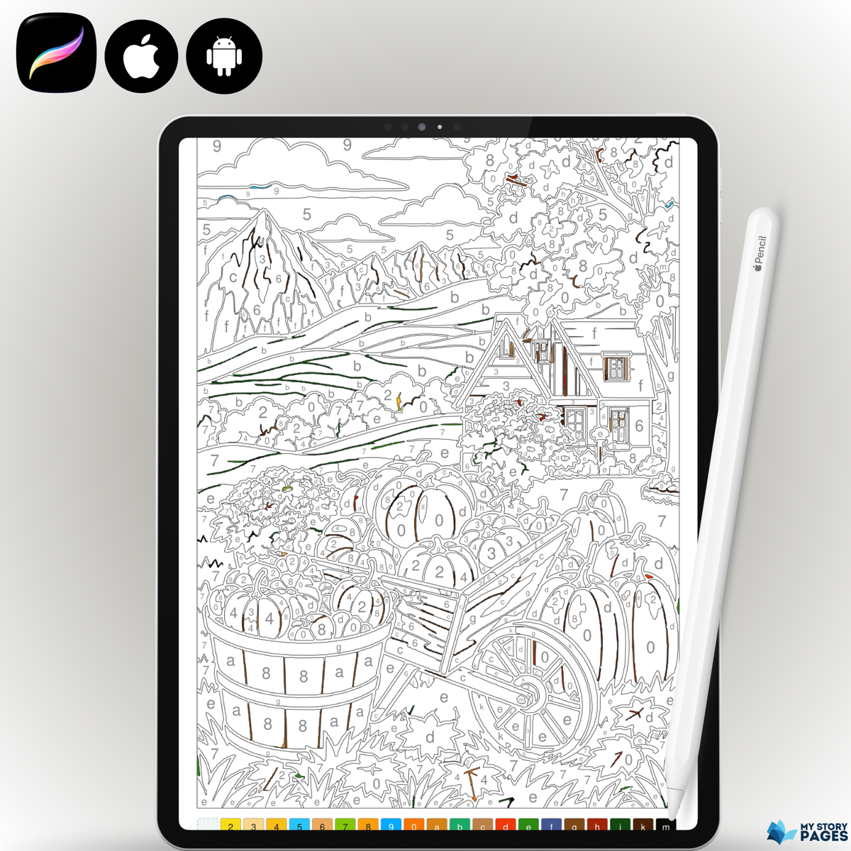 Coloriage Mystère Automne PDF – Color by Number, Épouvantail, Citrouilles et Tournesols | Téléchargement Numérique