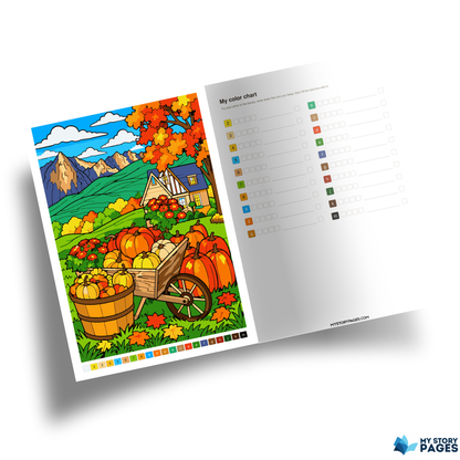 Coloriage Mystère Automne PDF – Color by Number, Épouvantail, Citrouilles et Tournesols | Téléchargement Numérique